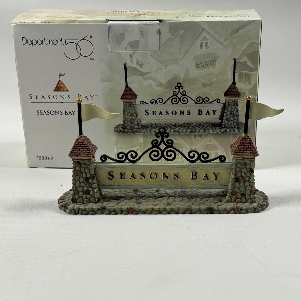 Department 56 Seasons Bay Sign Village Accessory 53343 Stone Gate with Flags